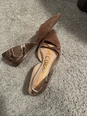 Sam Edelman Brown Suede Pointed D'Orsay Heels with Snake-Print Accents